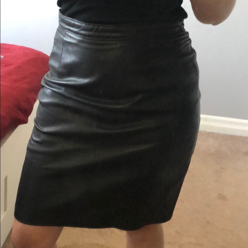 Black leather knee length skirt